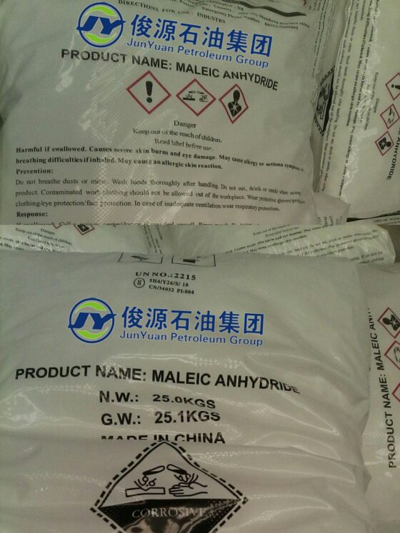 Maleic Anhydride Maleic Anhydride is a colorless, needle-like, crystalline (sand- like), flake, pellet or lumpy, fused mass with a strong, irritating odor. It is used as a co-polymer in making polyester and other resins, and as an ingredient in pharmaceuticals and pesticides. Assay (morpholine method): ≥ 99,0 %(m) CAS Number: 108-31-6 Molecular Weight: 98.06 Melting range (lower value): ≥ 51 °C, Melting range (upper value): ≤ 54 °C Synonyms: 2,5-Furandione; Dihydro-2,5-dioxofuran; cis-Butenedioic Anhydride; NSC 137651; NSC 137652; NSC 137653; NSC 9568; Nourymix MA 901; Toxilic anhydride;