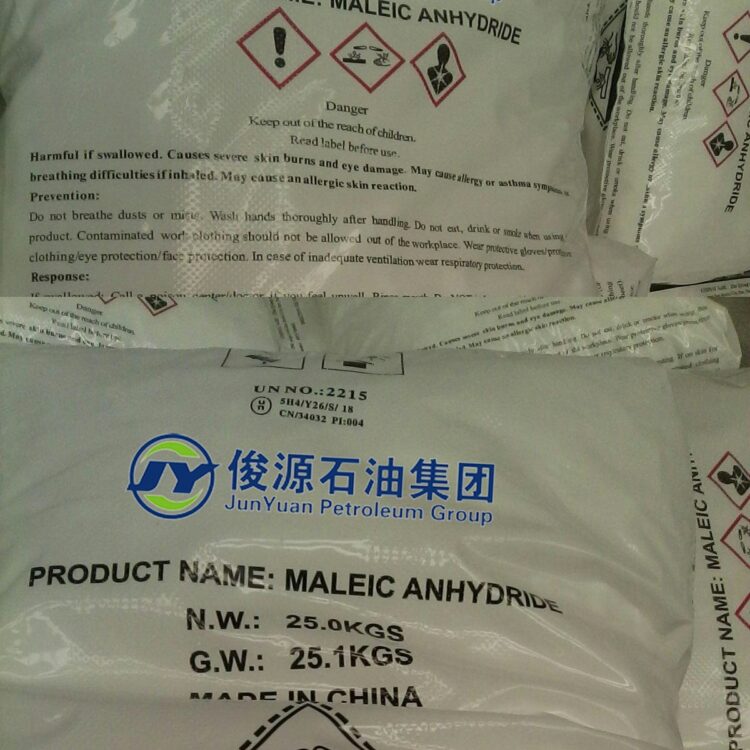 Maleic Anhydride Maleic Anhydride is a colorless, needle-like, crystalline (sand- like), flake, pellet or lumpy, fused mass with a strong, irritating odor. It is used as a co-polymer in making polyester and other resins, and as an ingredient in pharmaceuticals and pesticides. Assay (morpholine method): ≥ 99,0 %(m) CAS Number: 108-31-6 Molecular Weight: 98.06 Melting range (lower value): ≥ 51 °C, Melting range (upper value): ≤ 54 °C Synonyms: 2,5-Furandione; Dihydro-2,5-dioxofuran; cis-Butenedioic Anhydride; NSC 137651; NSC 137652; NSC 137653; NSC 9568; Nourymix MA 901; Toxilic anhydride;
